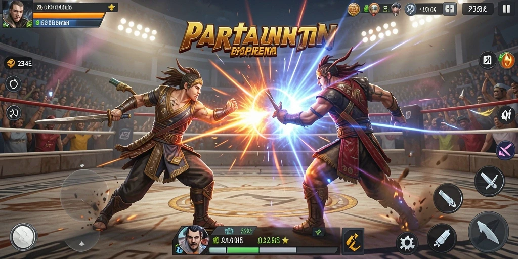 Screenshot utama 234E menampilkan pertarungan penuh aksi.