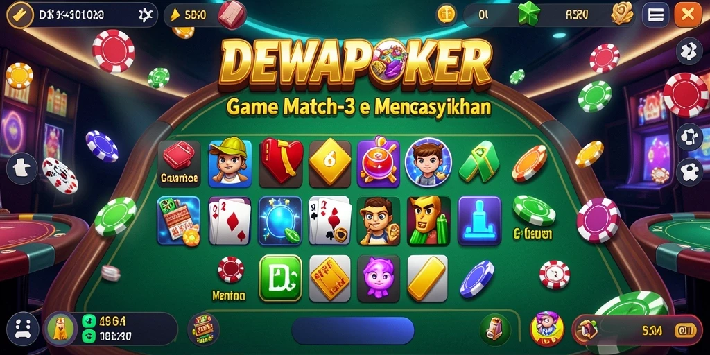 Tampilan screenshot DEWAPOKER menunjukkan gameplay Match-3 yang seru.