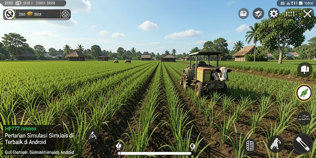 Tampilan gameplay <strong>HP777</strong> saat merawat tanaman di ladang yang rimbun.