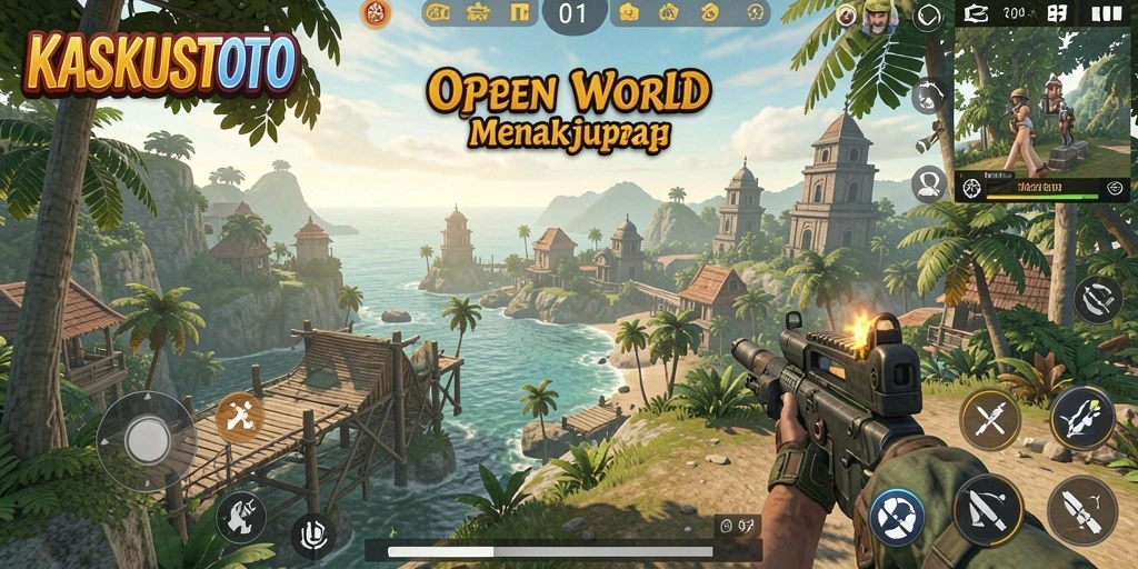 Tampilan gameplay KASKUSTOTO yang epik dengan dunia terbuka.