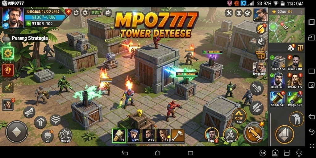 Gameplay MPO777 yang menampilkan strategi menampilkan menara dan musuh.