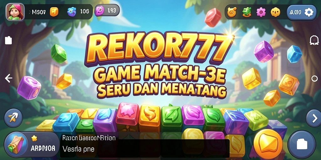Tampilan gameplay REKOR777 dengan elemen Match-3 yang berwarna-warni.