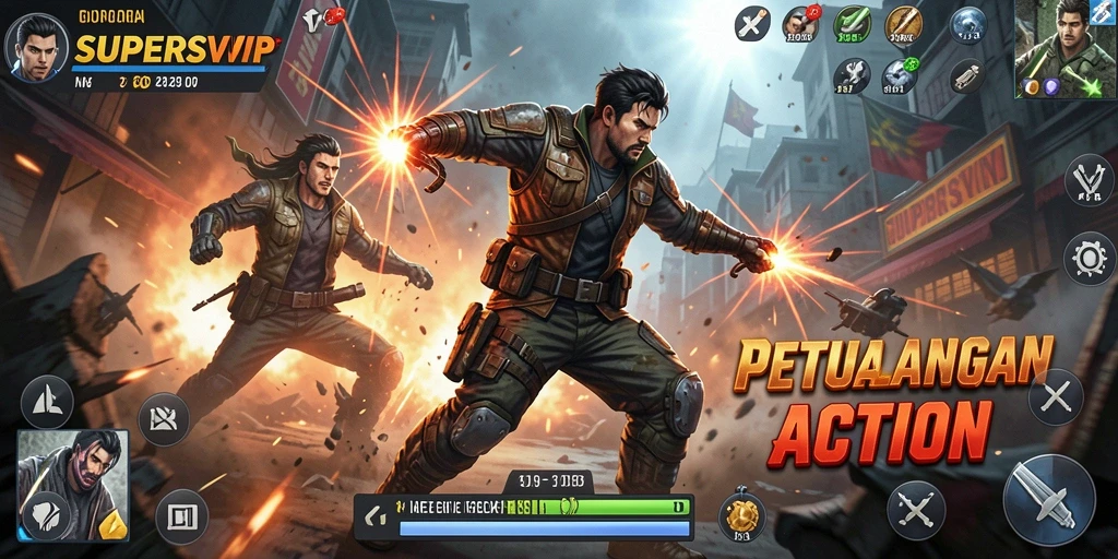 Screenshot gameplay SUPERSVIP yang menunjukkan pertarungan seru dan grafis menakjubkan.