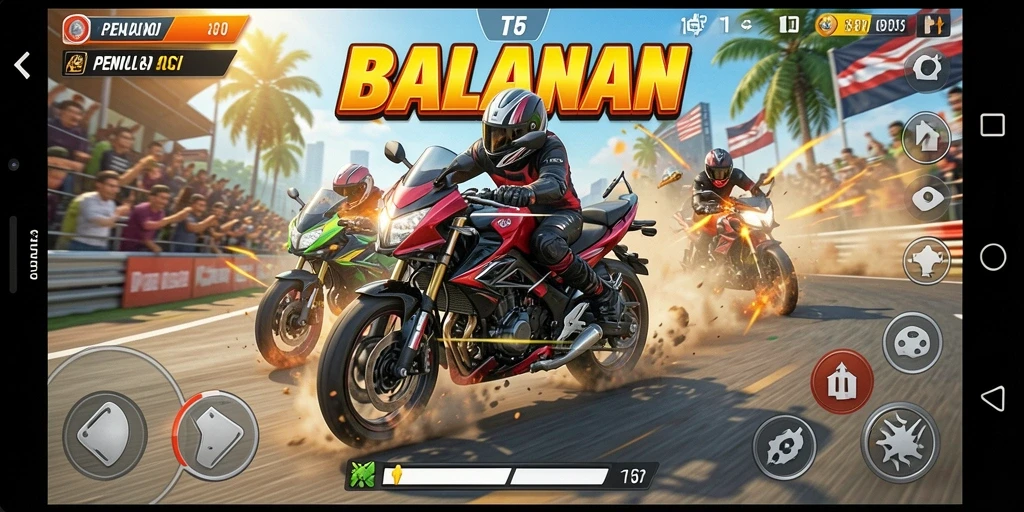 Tangkapan layar T6 menampilkan aksi balapan motor yang mendebarkan di jalur balap.
